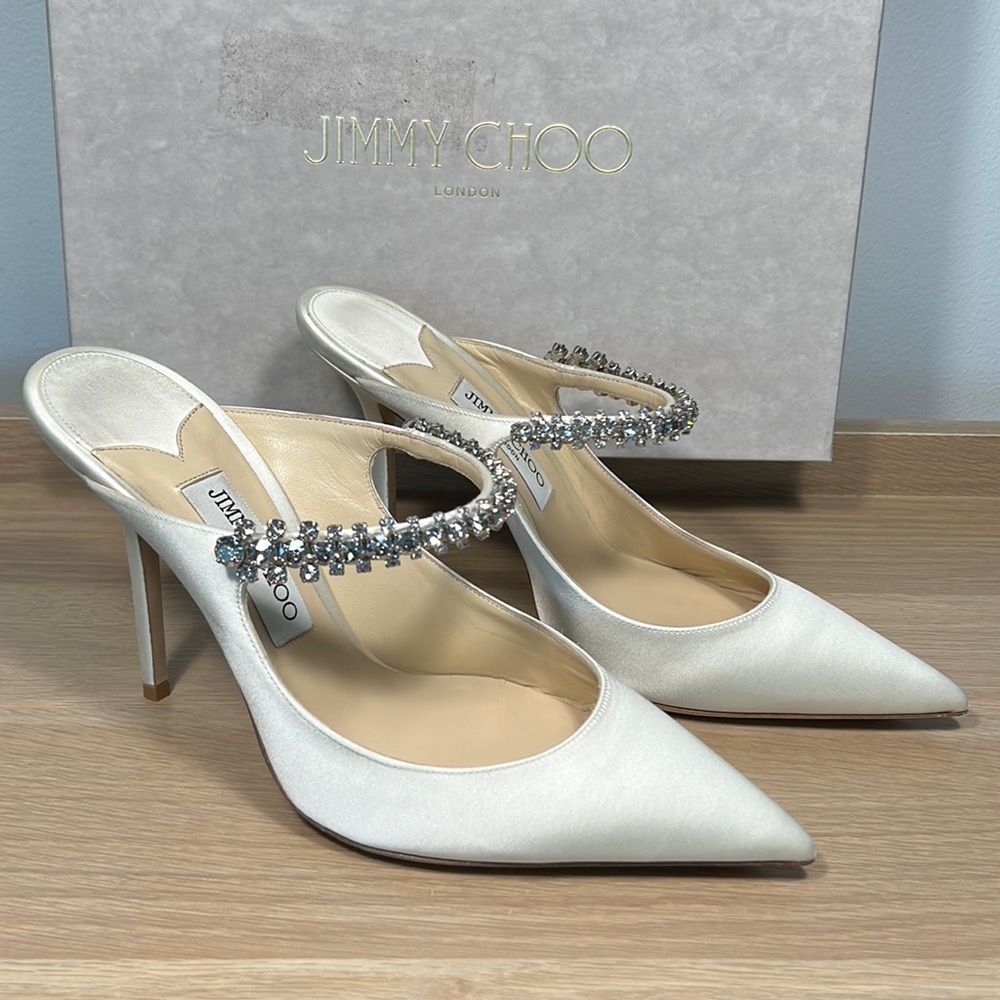 Only tried on once! Jimmy Choo Bing 100 Embellished High Heel Mules Ivory 40.5